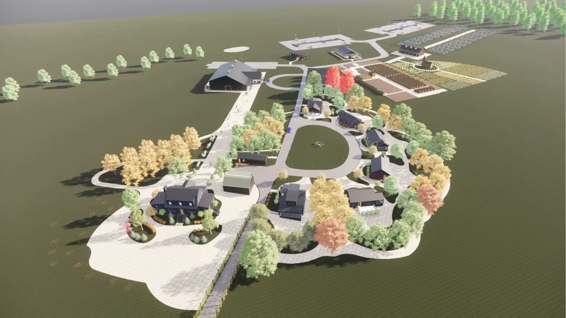 Aerial master-plan rendering of the proposed campus showing the entry drive, education and market buildings, gathering green, orchards, and production fields