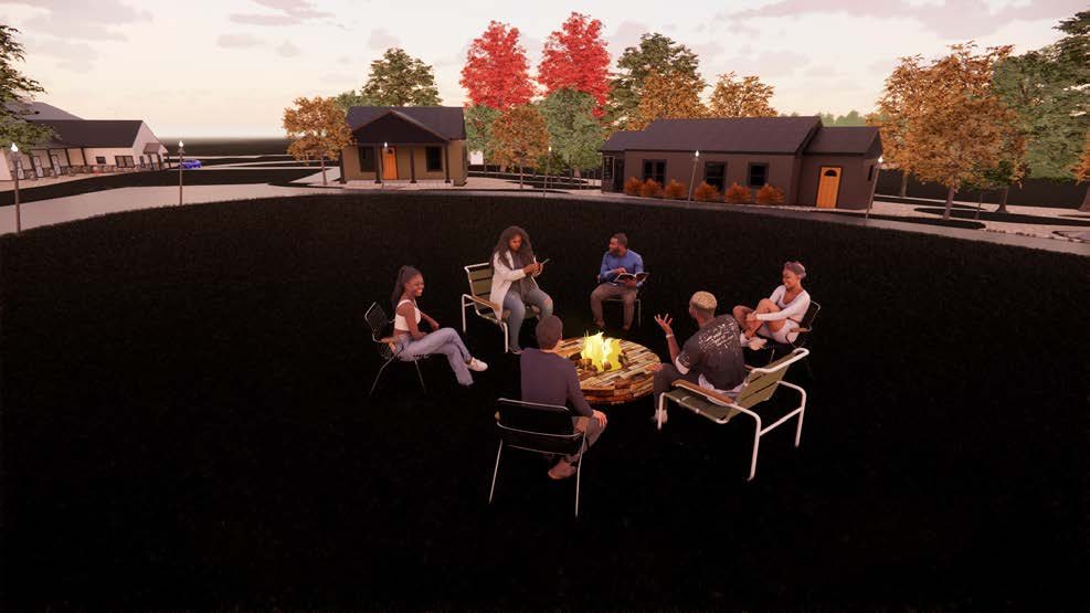 Rendering of an outdoor community gathering area with seating around a fire circle
