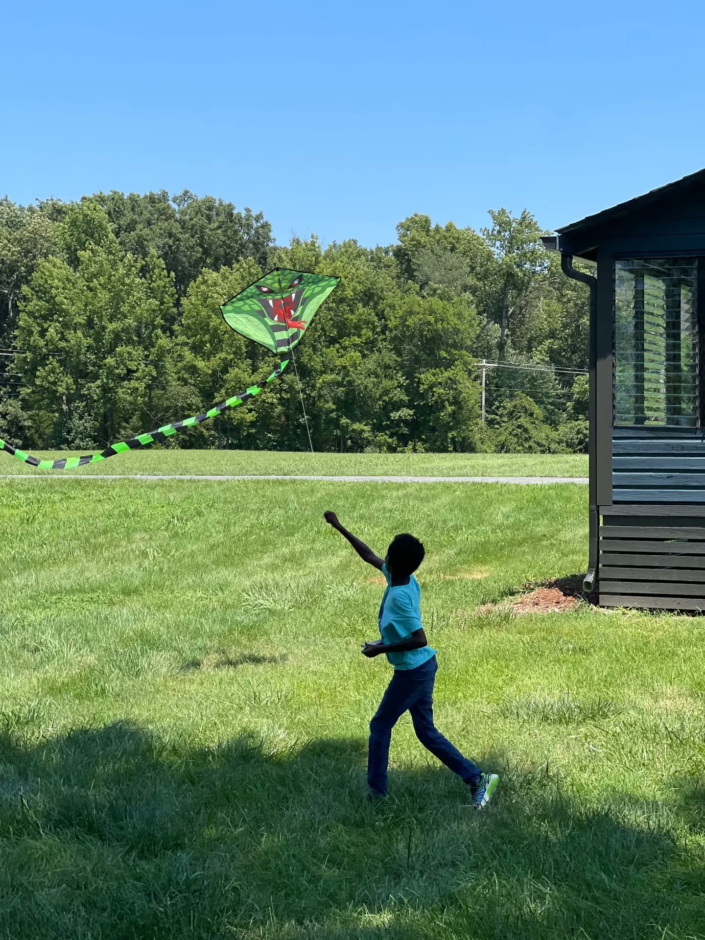 A young person running across the farm lawn flying a kite on a clear summer day