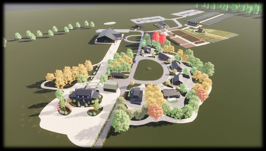 Aerial rendering of the proposed Ursery Farms campus at dusk, showing growing fields, ponds, and clustered buildings