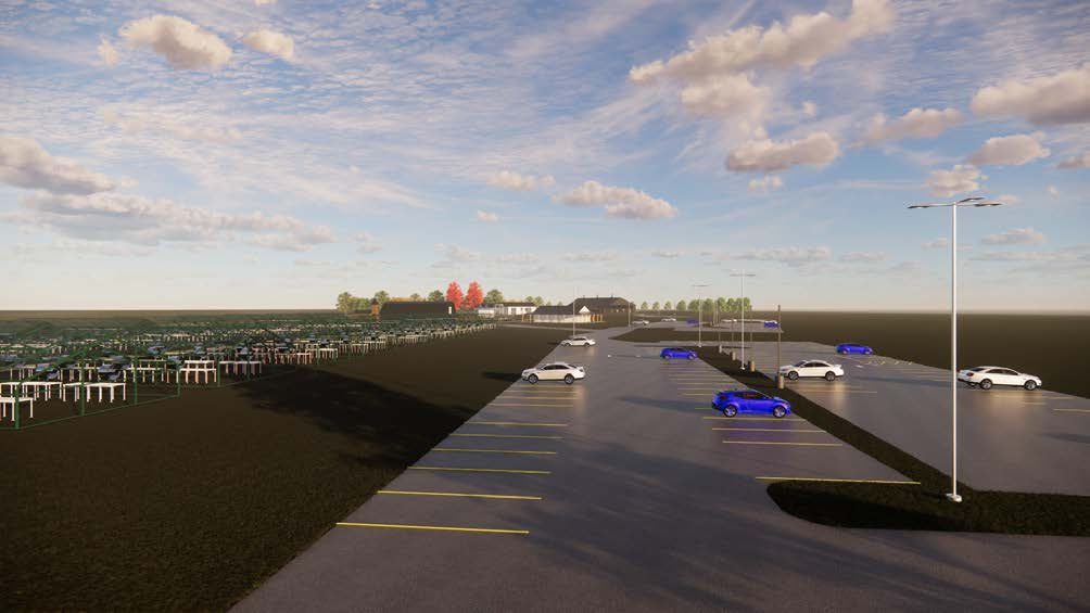 Rendering of the tree-lined approach road leading into the proposed campus