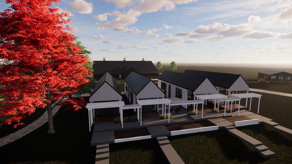 Rendering of the proposed market and education buildings with covered walkways